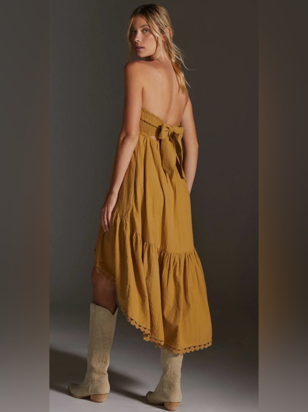 Anthropologie Mustard Yellow Backless Strapless Tie-Back Midi Dress